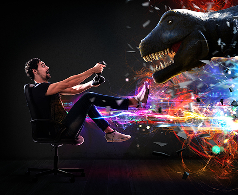 Dinosaur crashing through into real world from game